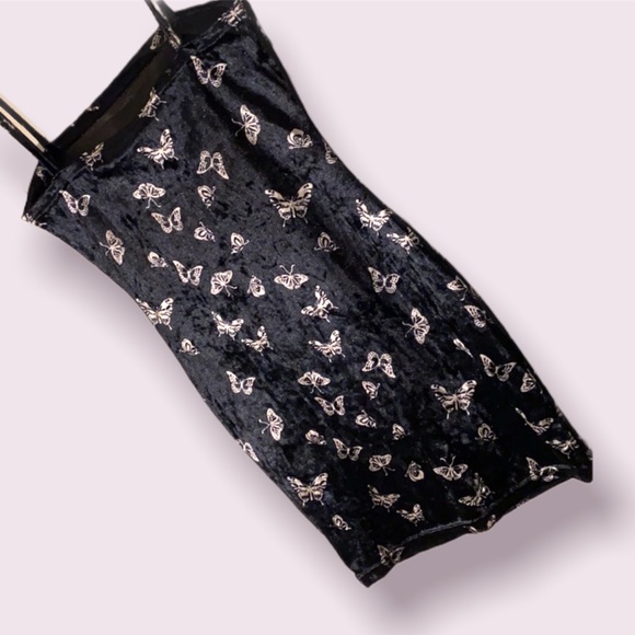 Vintage Y2K Black Velvet Butterfly Bodycon Mini Dress - Size XS/0 - Picture 2 of 6